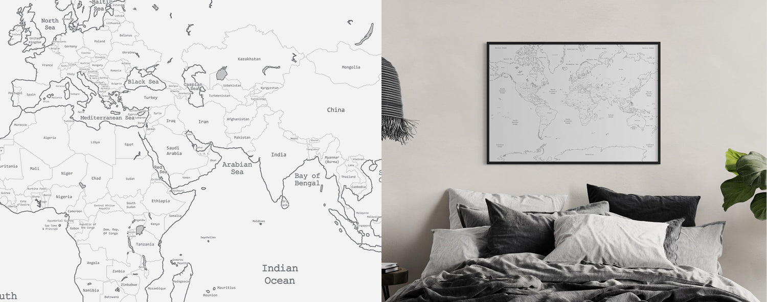 Blank world map poster above bed