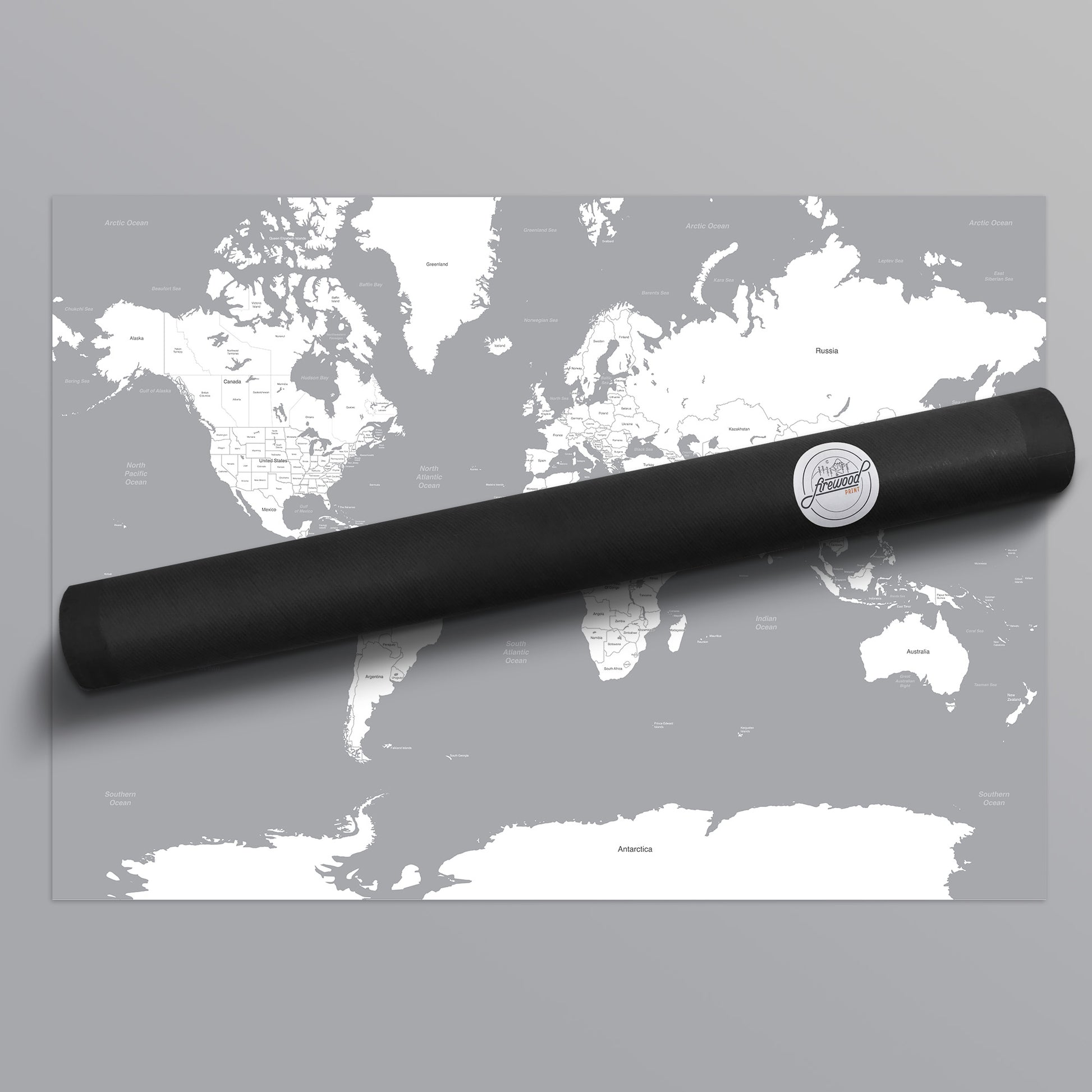 Grey and White World Map Poster Print Packaging Postal Tube