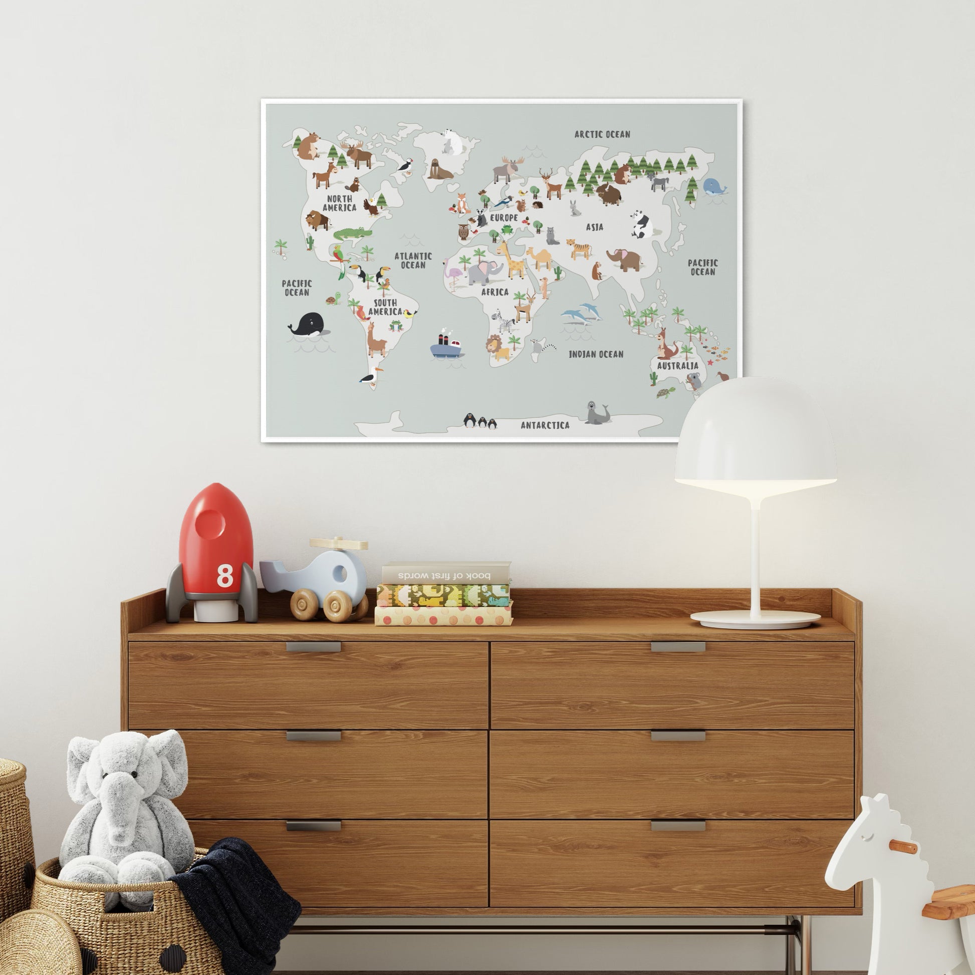 Animal World Map Green Blue Poster Print on Wall in Nursery Above Chest of Drawers