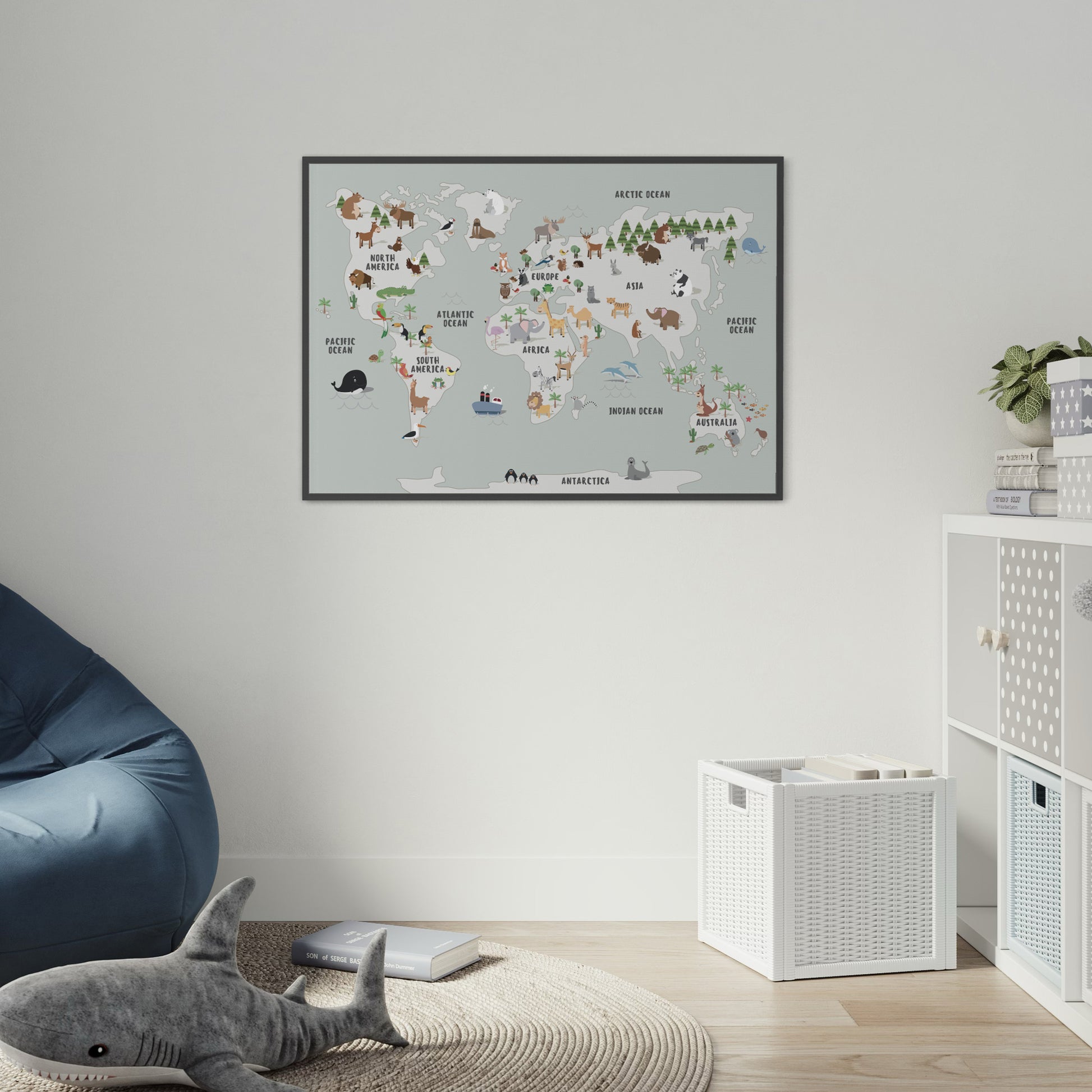 Animal World Map Green Blue Poster Print on Wall in Nursery