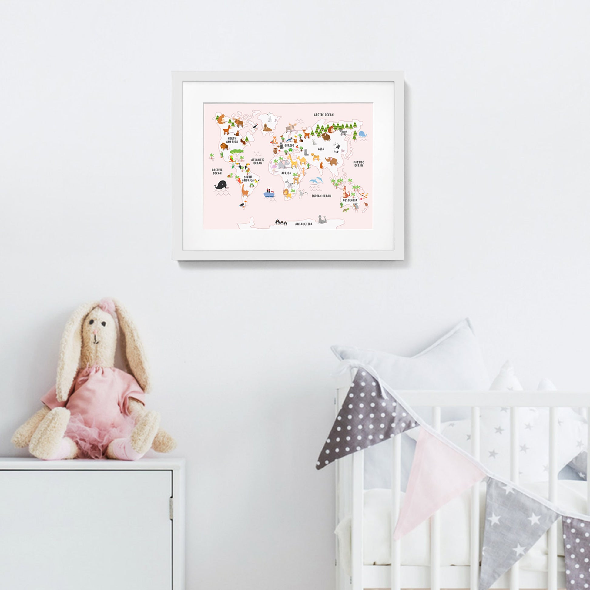 Pink Childrens Map of the World Poster Print A3 Framed Above Cot Bed