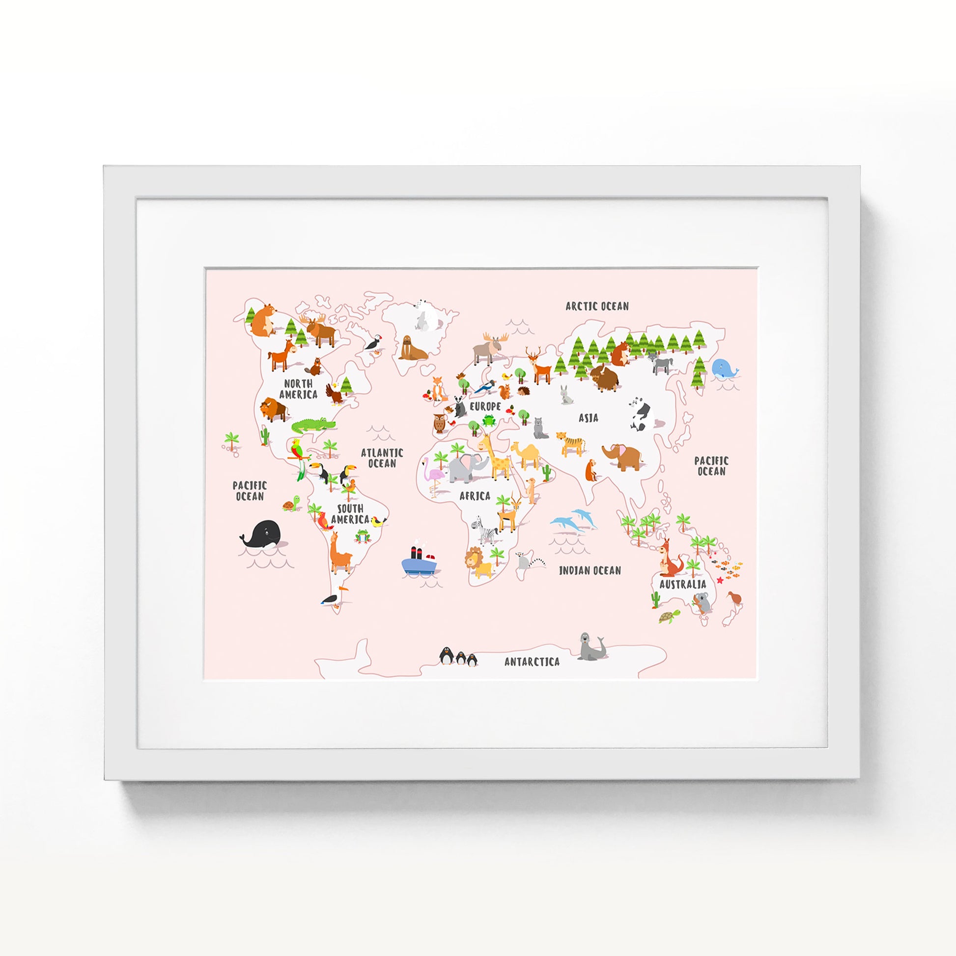 Pink Childrens Map of the World Poster Print A3 Framed
