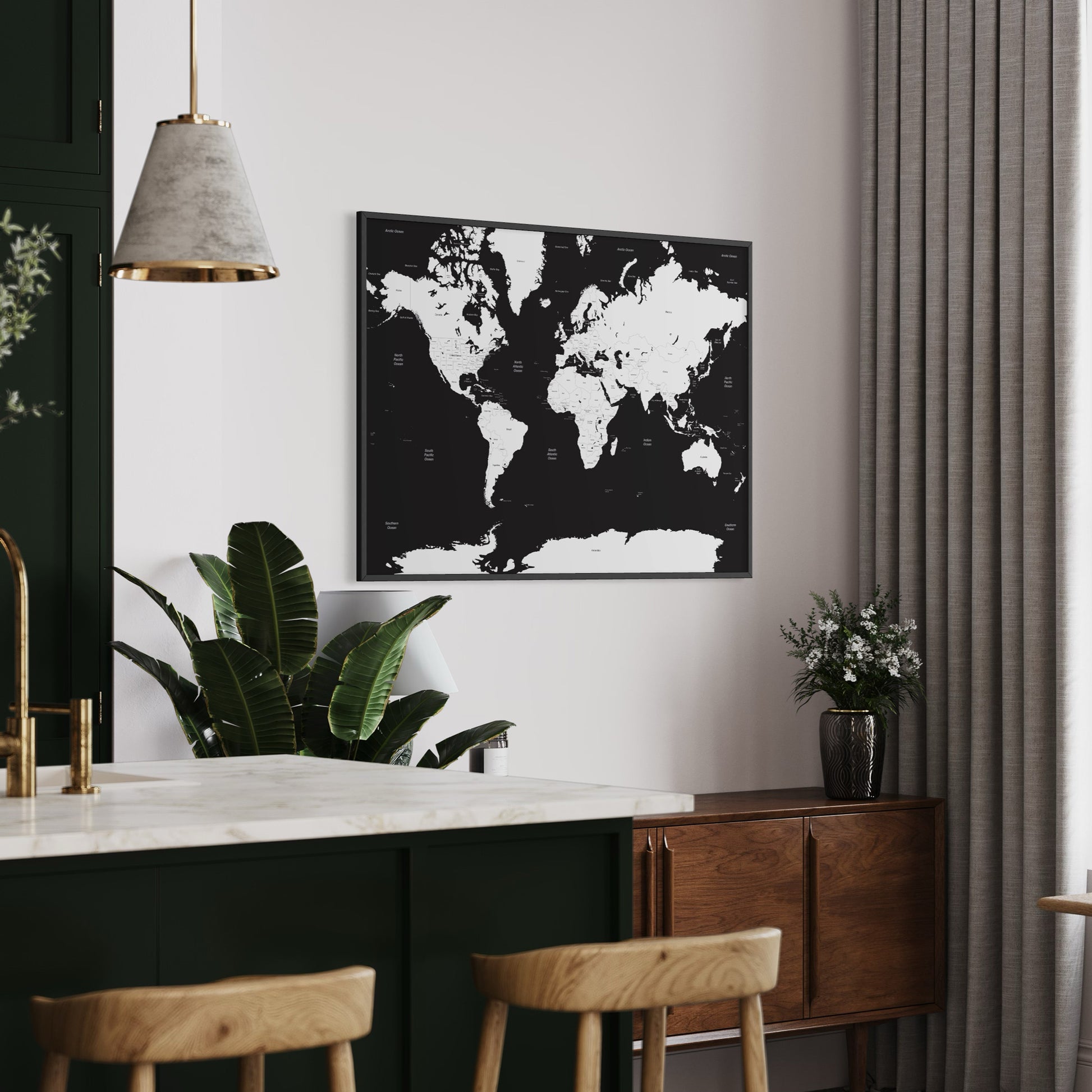Black Sea White Countries World Map on Wall Above Sideboard