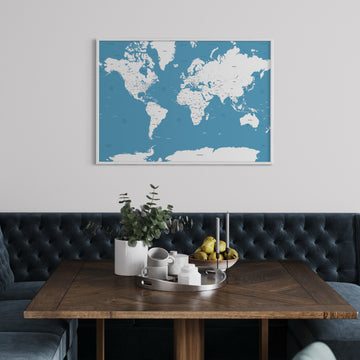 World Map Poster with Blue Sea and White Countries Above Seating Area