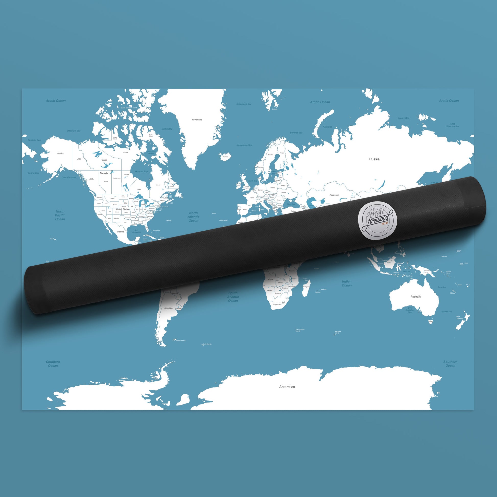 World Map Poster with Blue Sea and White Countries Packaging Postal Tube