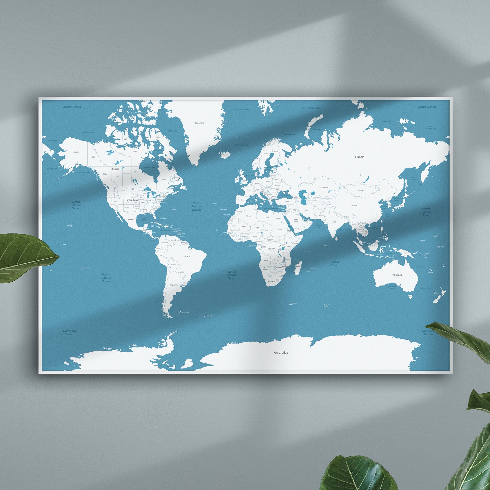 World Map Poster with Blue Sea and White Countries on Modern Wall with Shadows