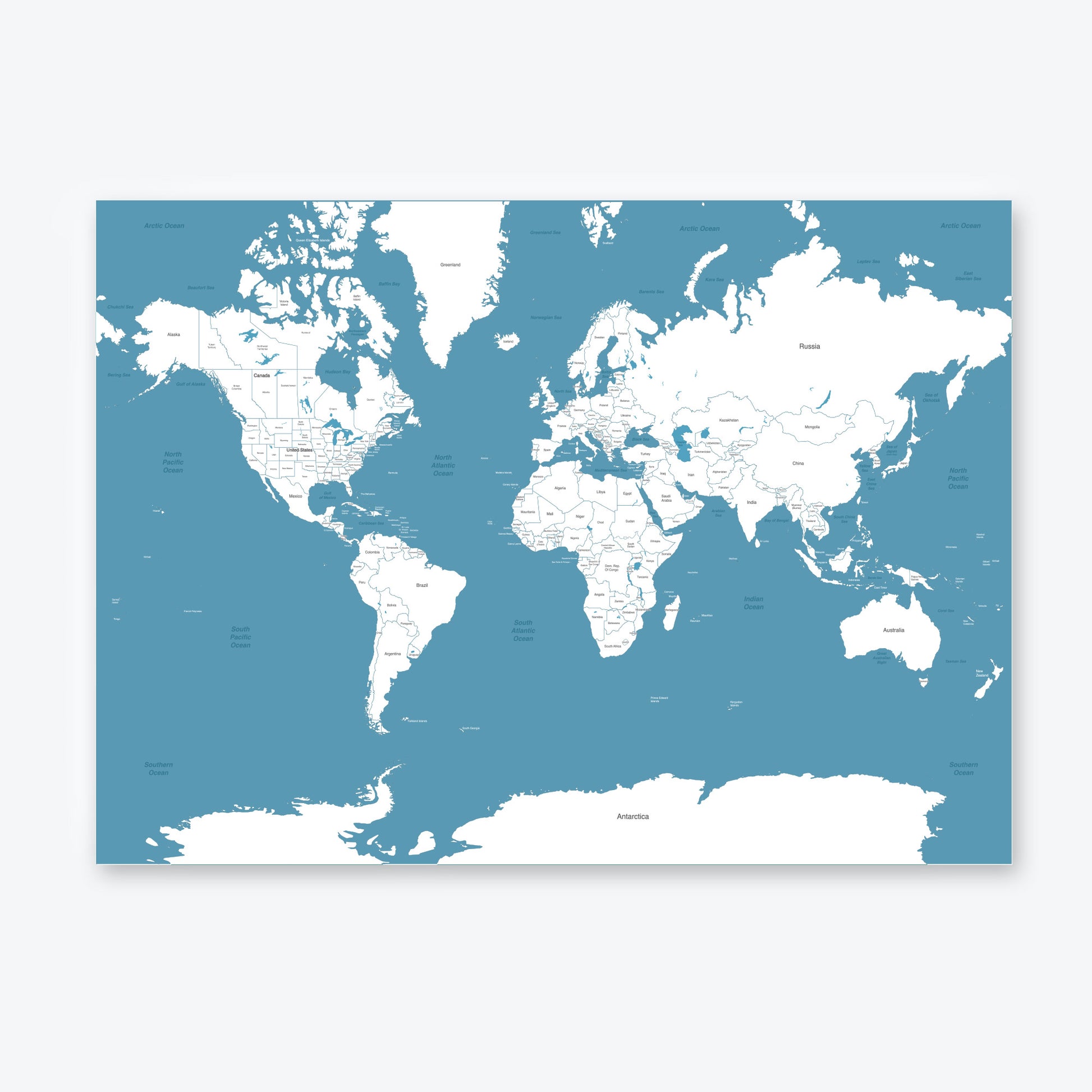 World Map Poster with Blue Sea and White Countries
