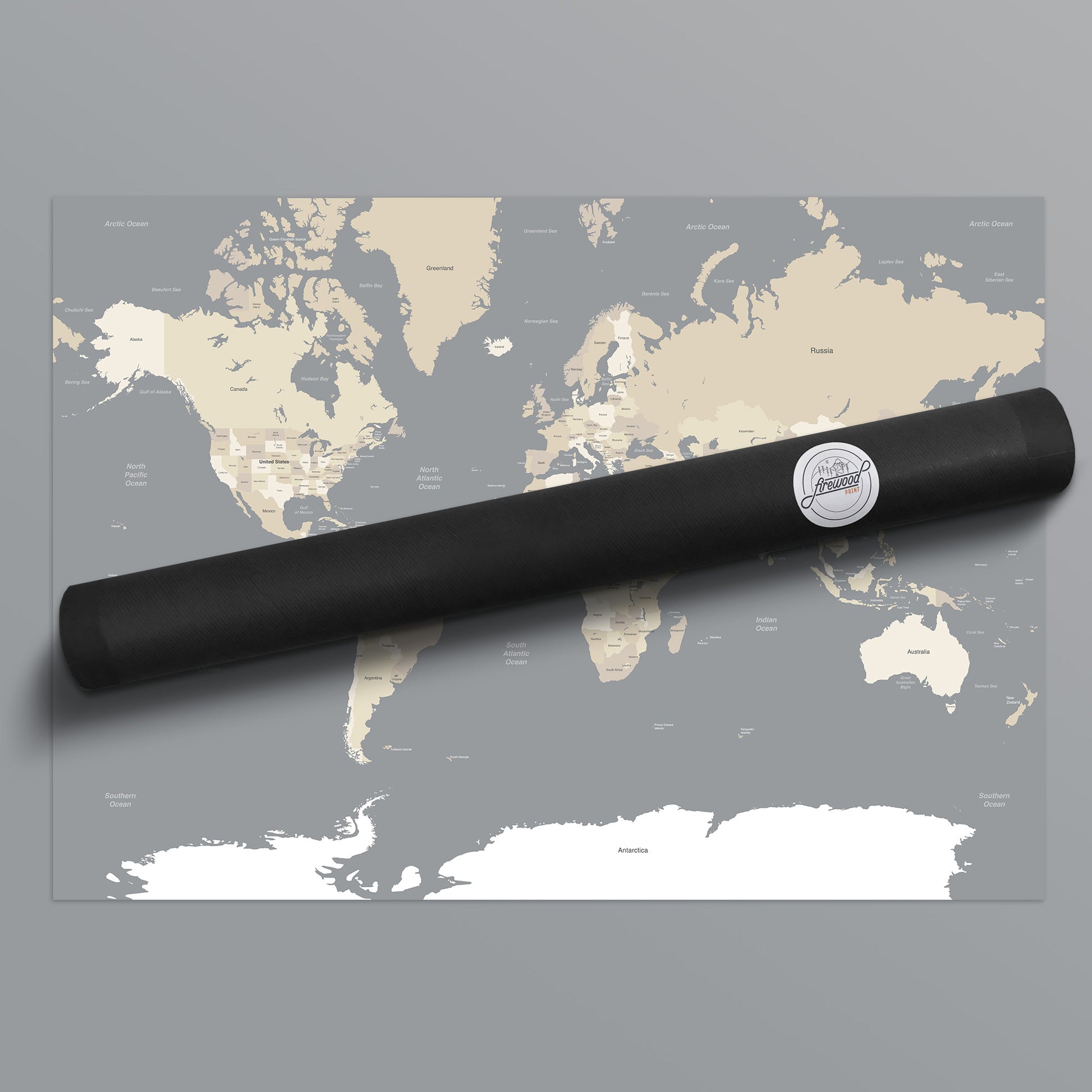 Grey Earthy Tones Map of the World Packaging Postal Tube