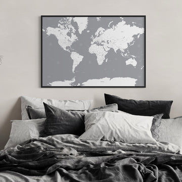 Grey and White World Map Poster Print on Wall Above Bed