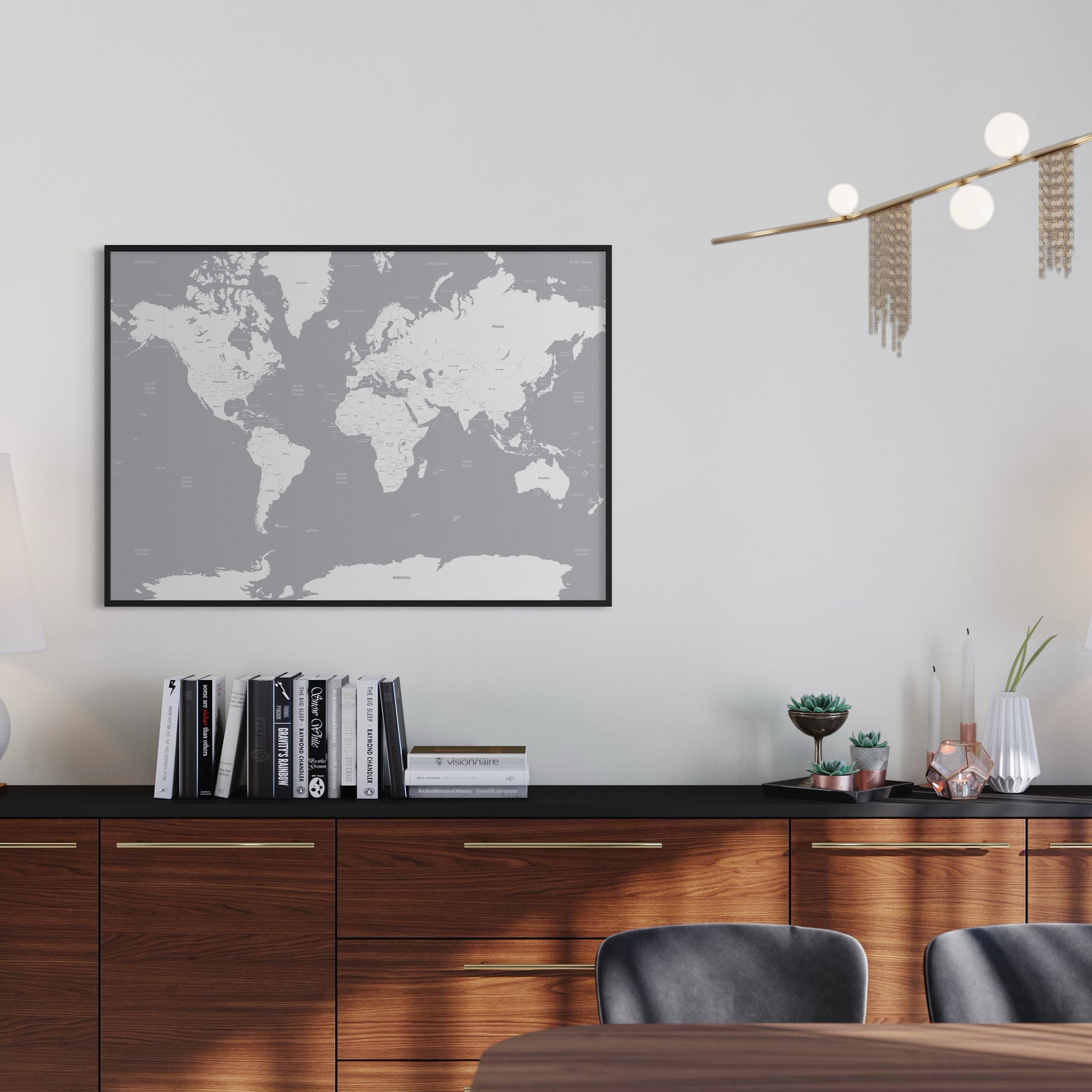 Grey and White World Map Poster Print on Wall Above Sideboard