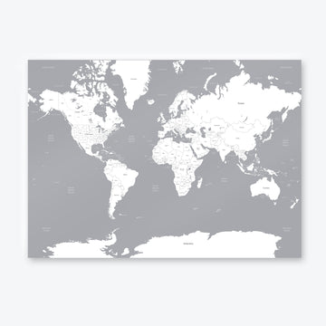 Grey and White World Map Poster Print