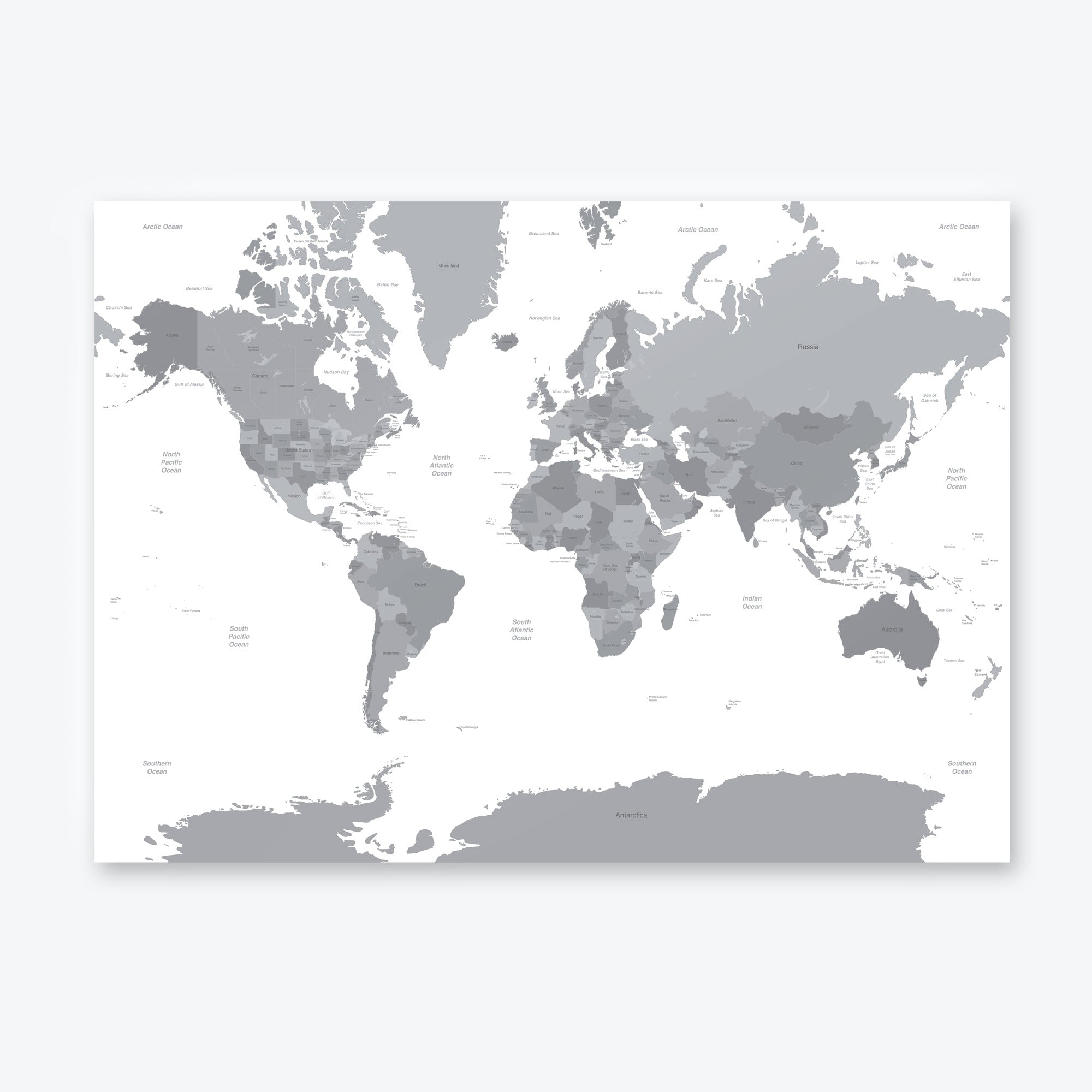 Grey Countries and White Sea Map of the World