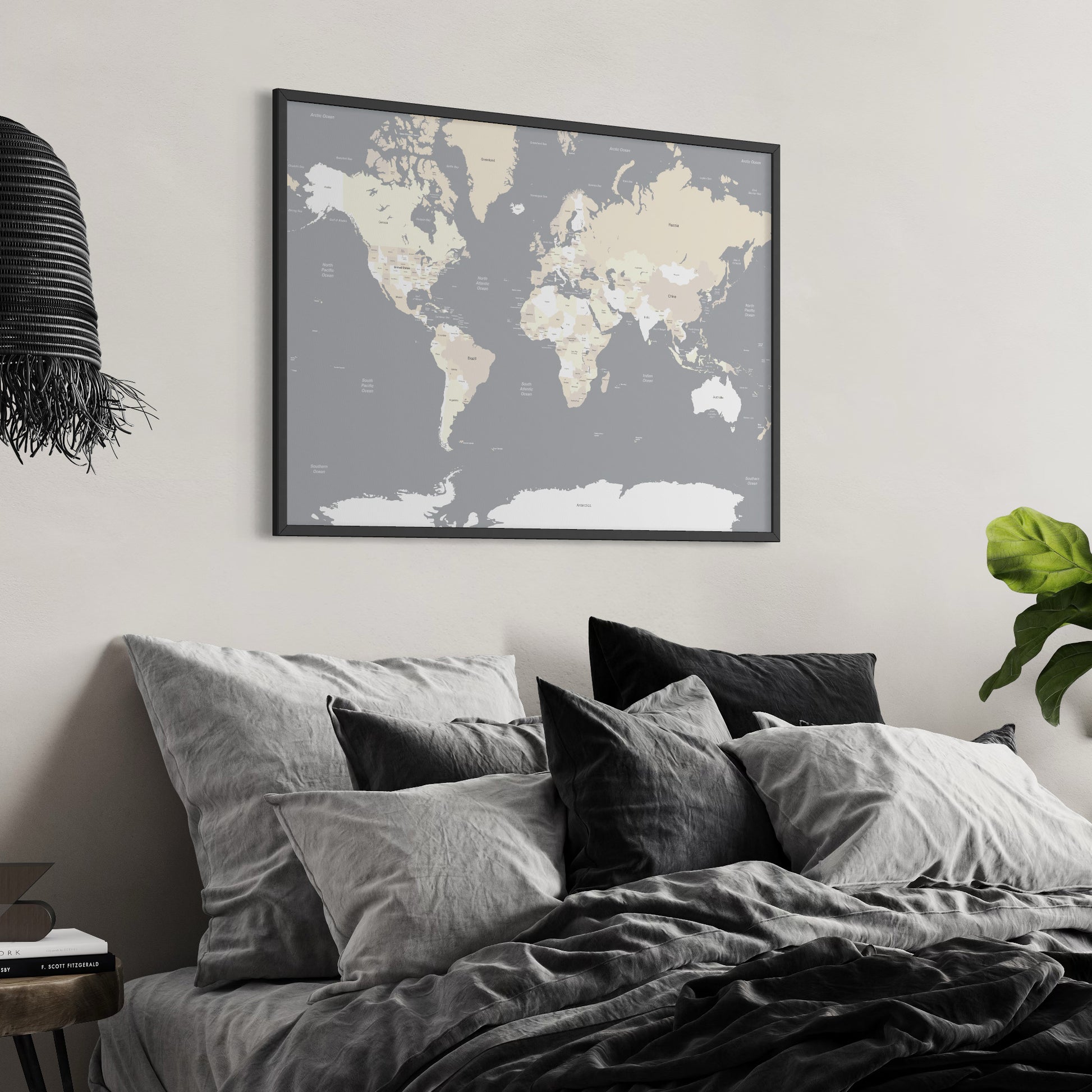 Grey Earthy Tones Map of the World on Wall Above Bed