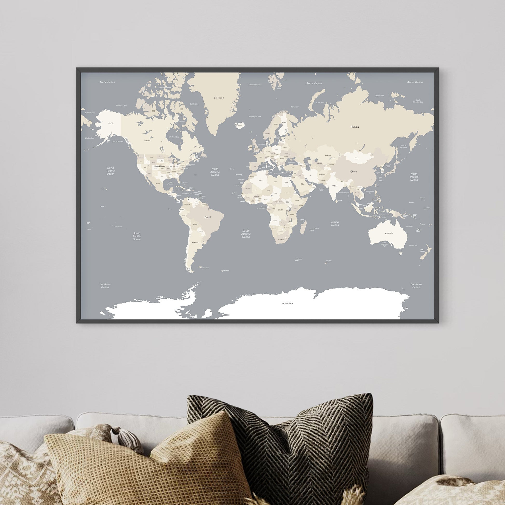 Grey Earthy Tones Map of the World Above Sofa Cushions