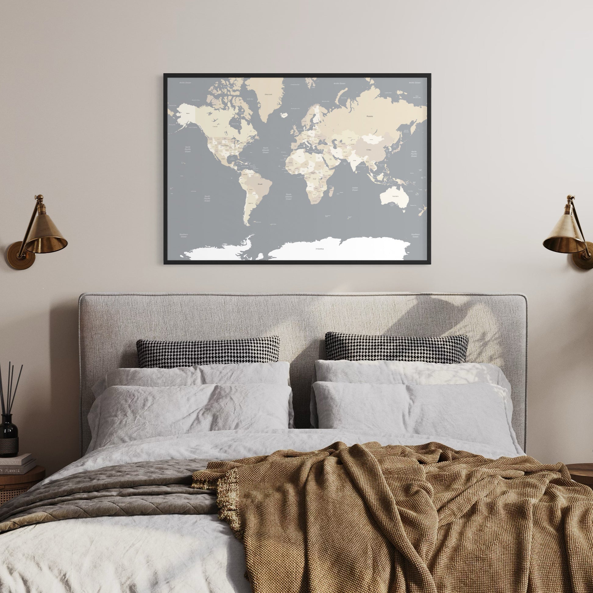 Grey Earthy Tones Map of the World on Wall Above Traditional Style Bed