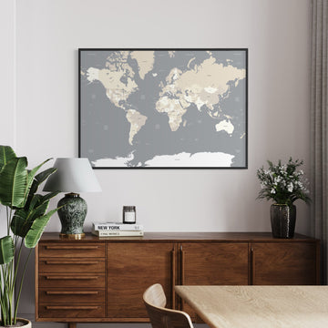 Grey Earthy Tones Map of the World on Wall Above Mid Century Sideboard