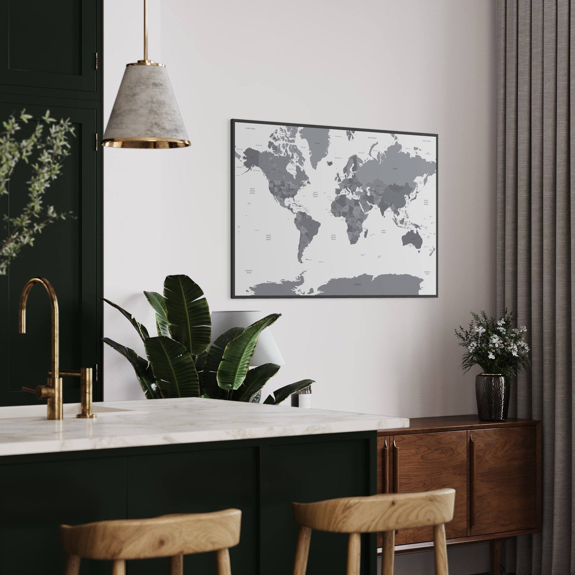Grey Countries and White Sea Map of the World on Wall Above Sideboard