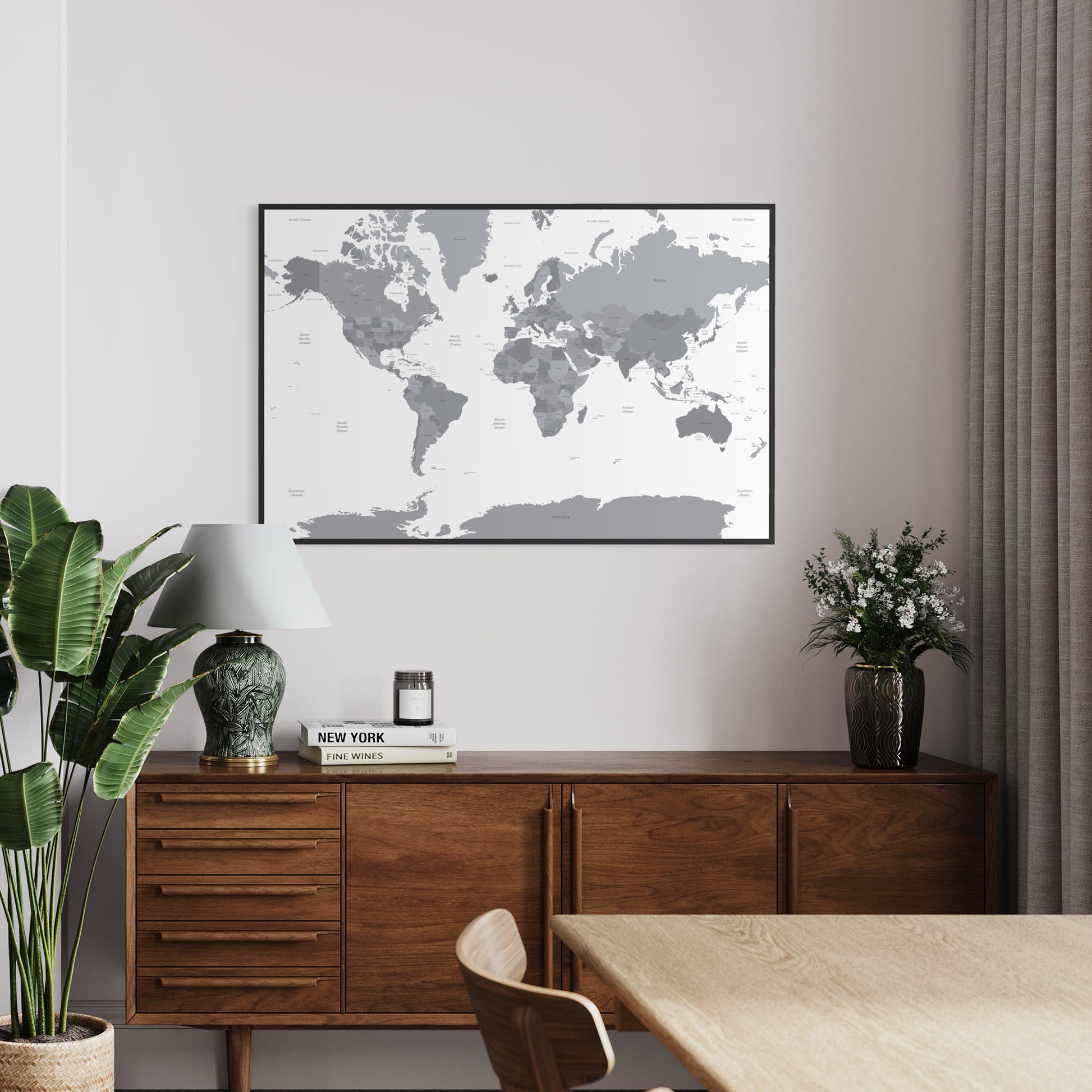 Grey Countries and White Sea Map of the World Above Sideboard
