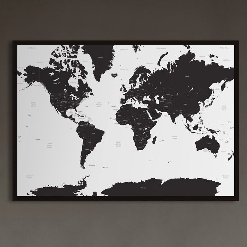 White Sea Black Countries Map of the World on Dark Wall