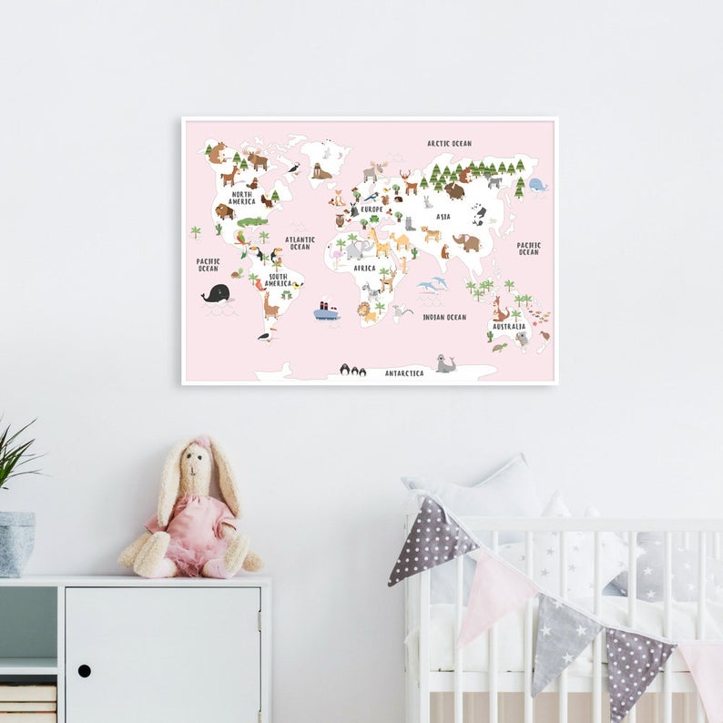Pink Childrens Map of the World Poster Print on Nursery Wall Above Cot Bed