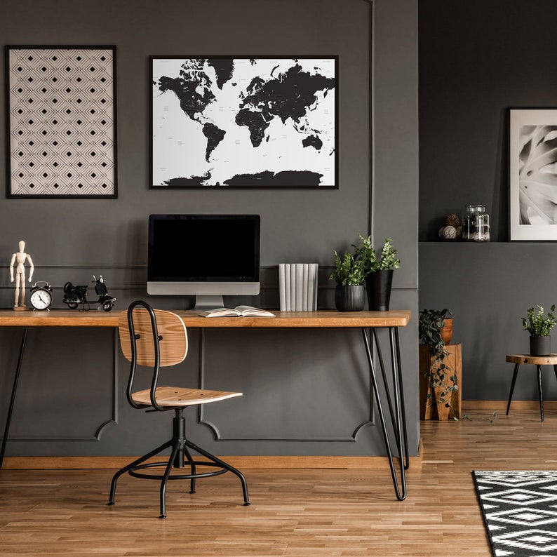 White Sea Black Countries Map of the World Above Rustic Industrial Desk