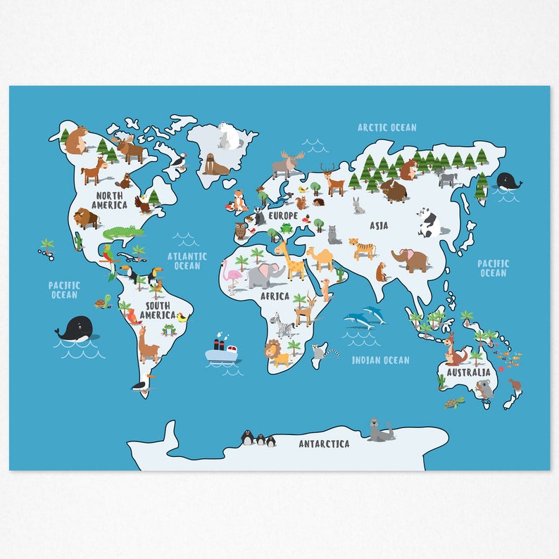 Children's Light Blue Animal World Map Poster Print