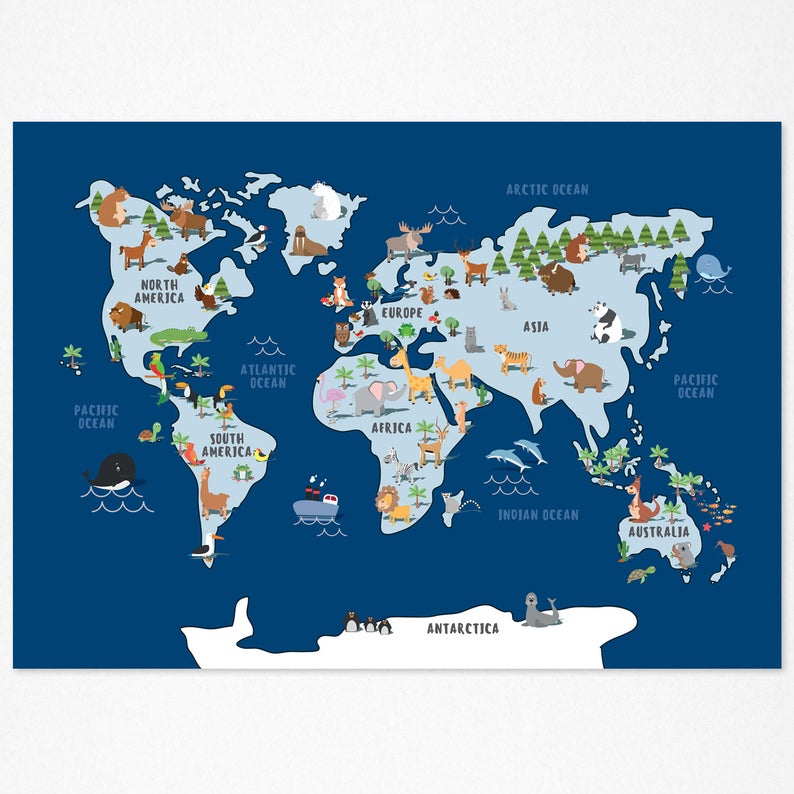 Children's Dark Blue Animal World Map Poster Print