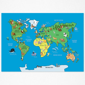 Children's Multi-Colour Animal World Map Poster Print
