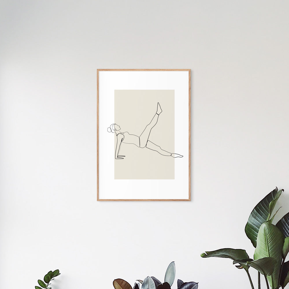 Pilates Leg Pull Back Pose Line Art Studio Print on Living Room Wall