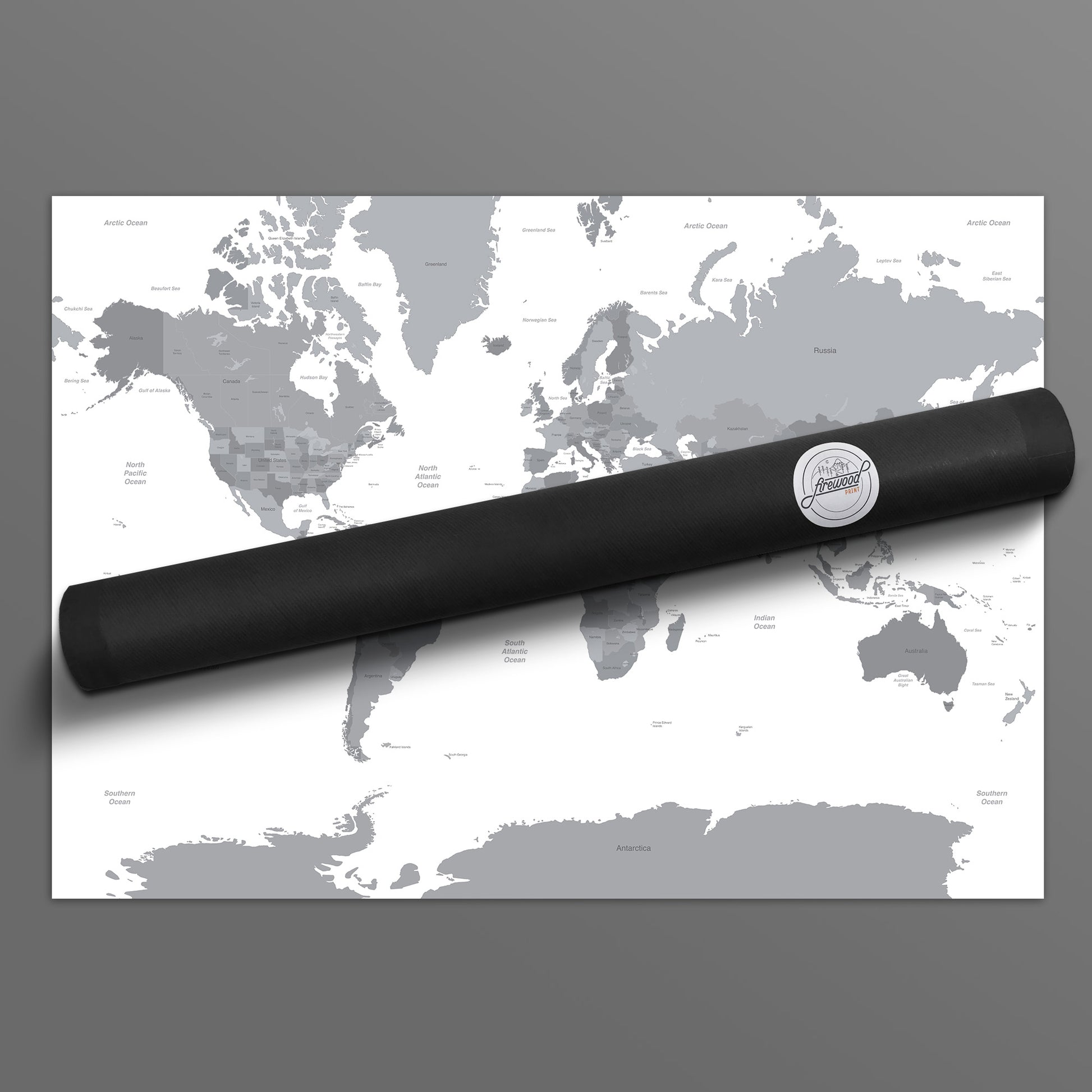 Grey Countries and White Sea Map of the World Packaging Postal Tube