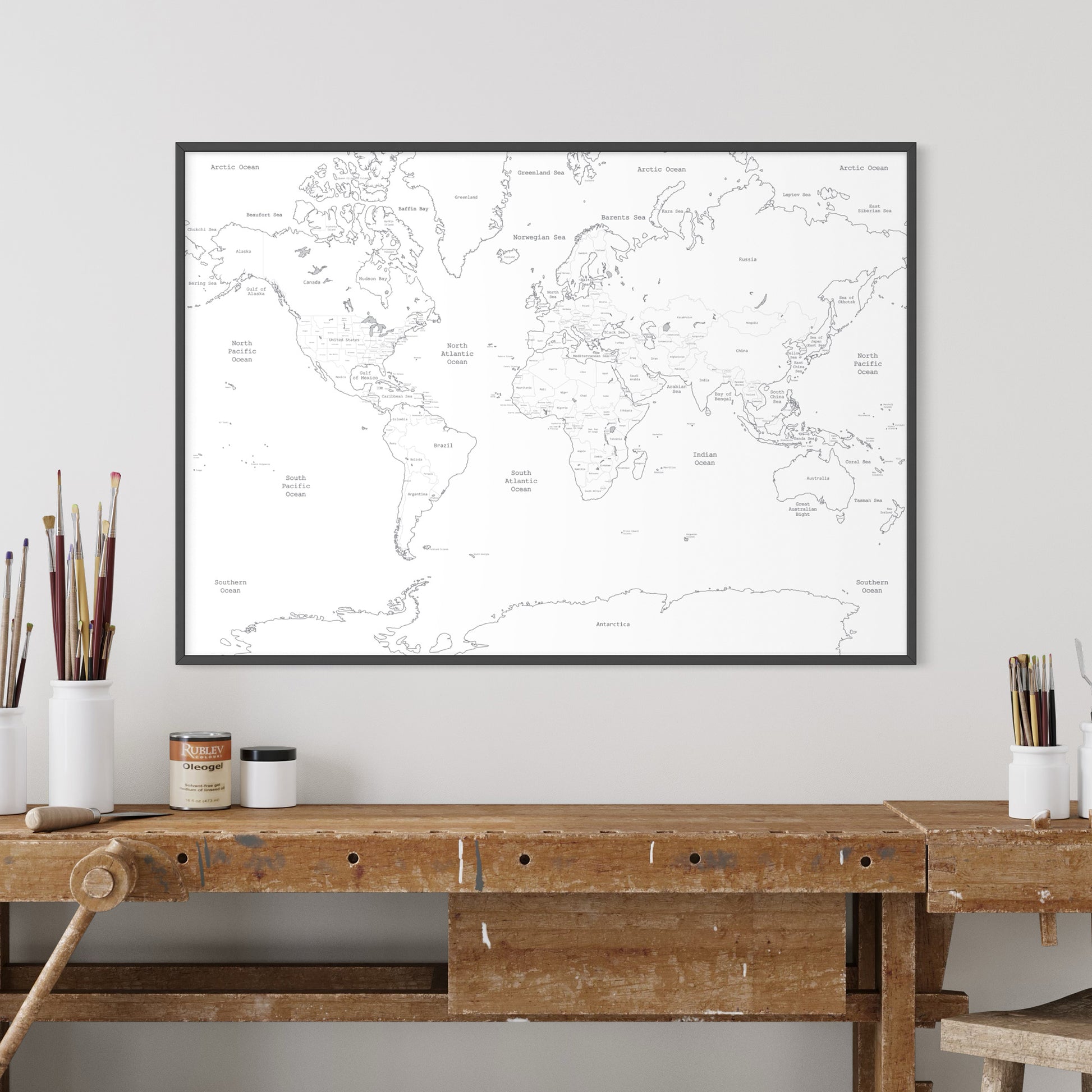 Blank World Map Print Poster Above Art Desk