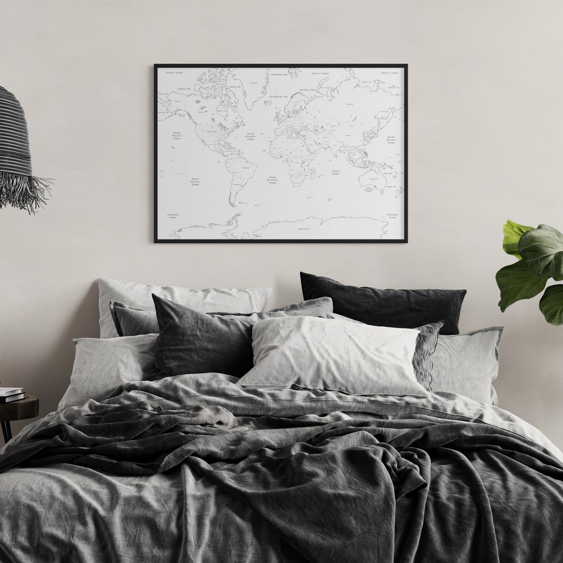 Blank World Map Print Poster on Bedroom Wall