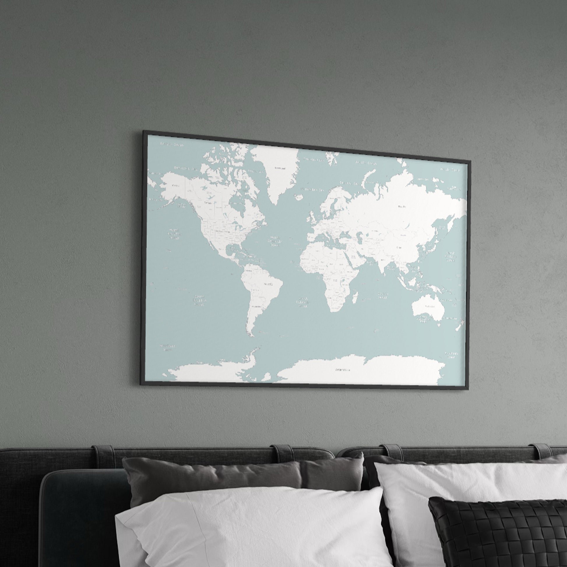 Pale Blue Map of the World Poster Print on Wall Above Bed