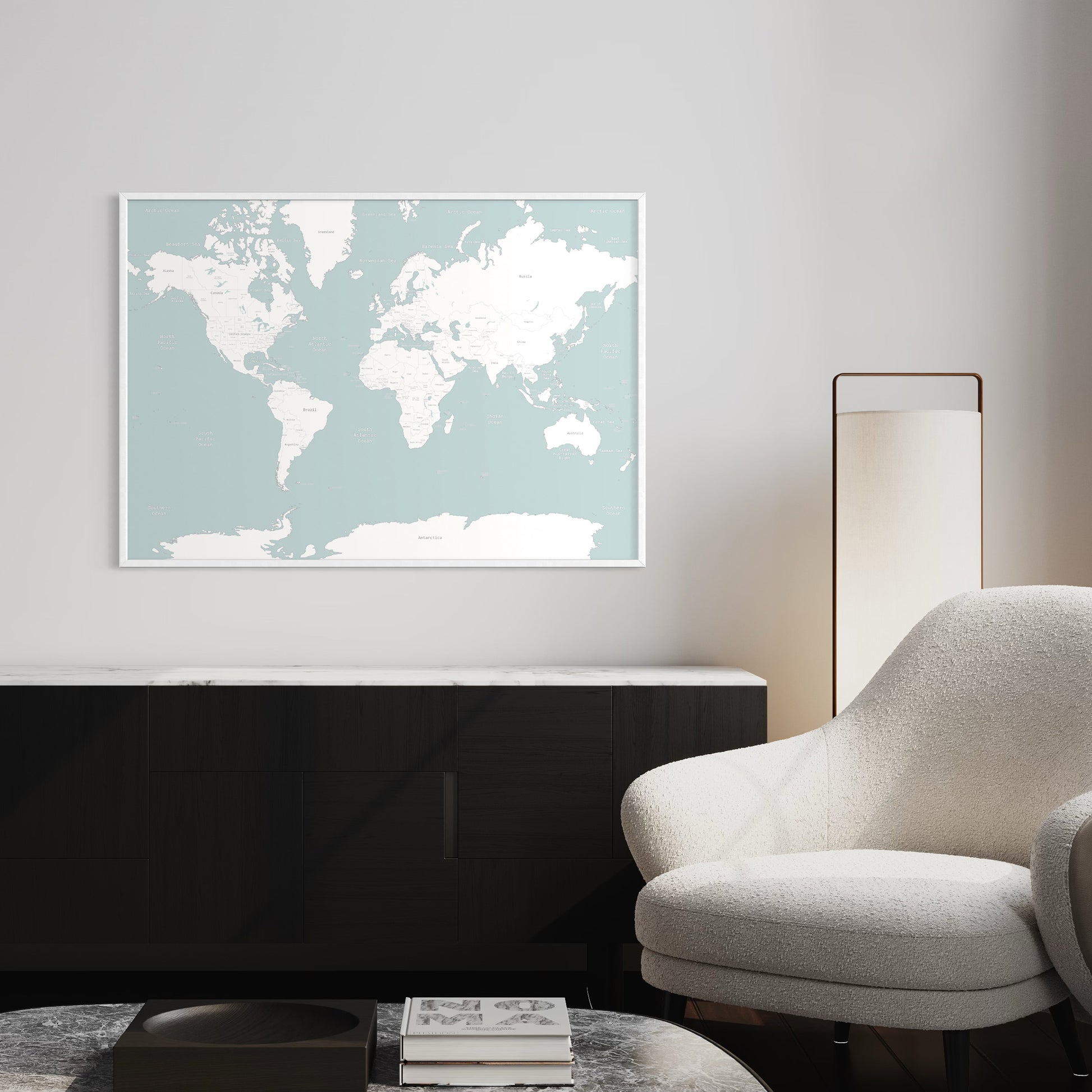 Pale Blue Map of the World Poster Print in Modern Room