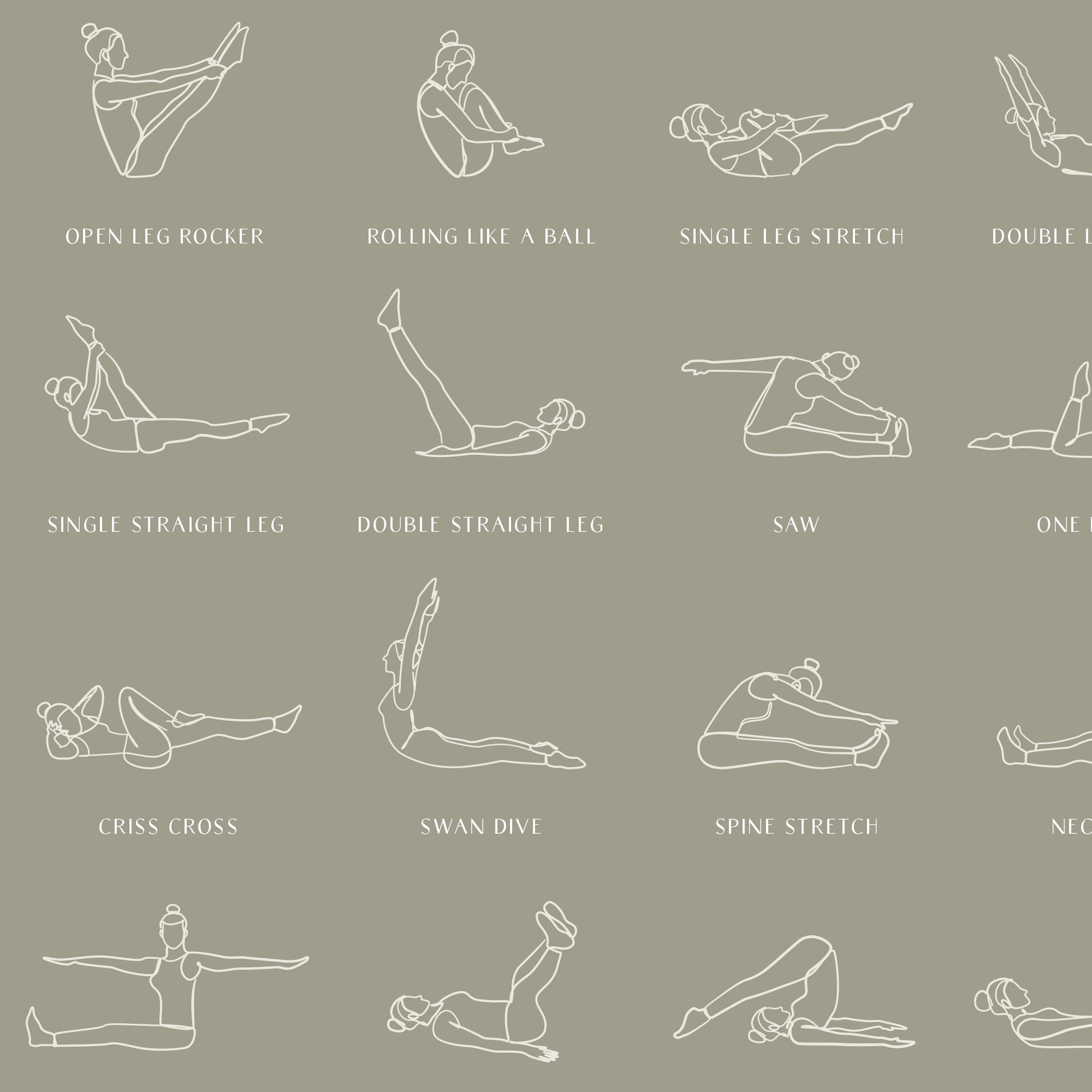 Pilates Mat Workout poster print sage olive green close up of moves