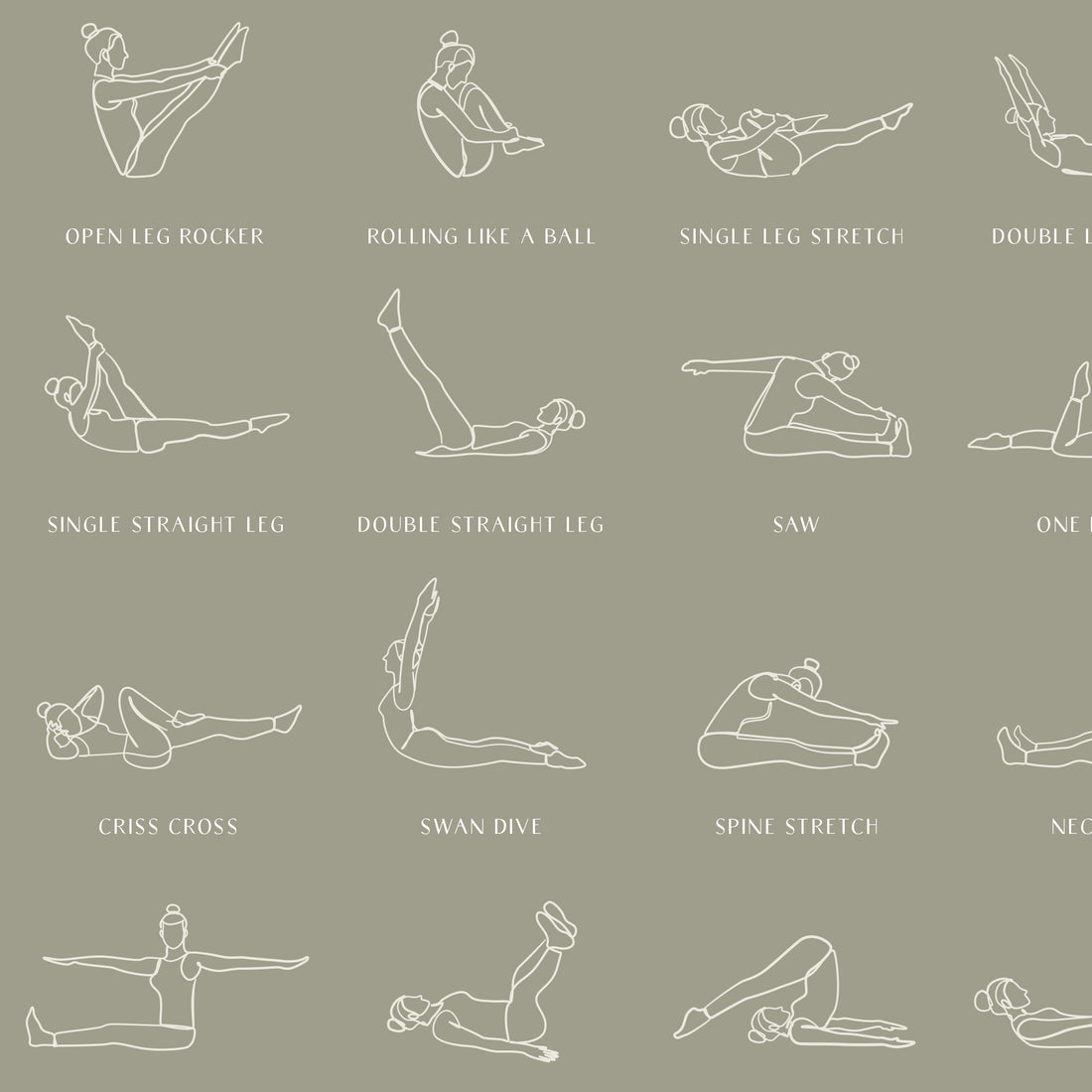 Pilates Mat Workout Line Art Studio Poster Print Olive