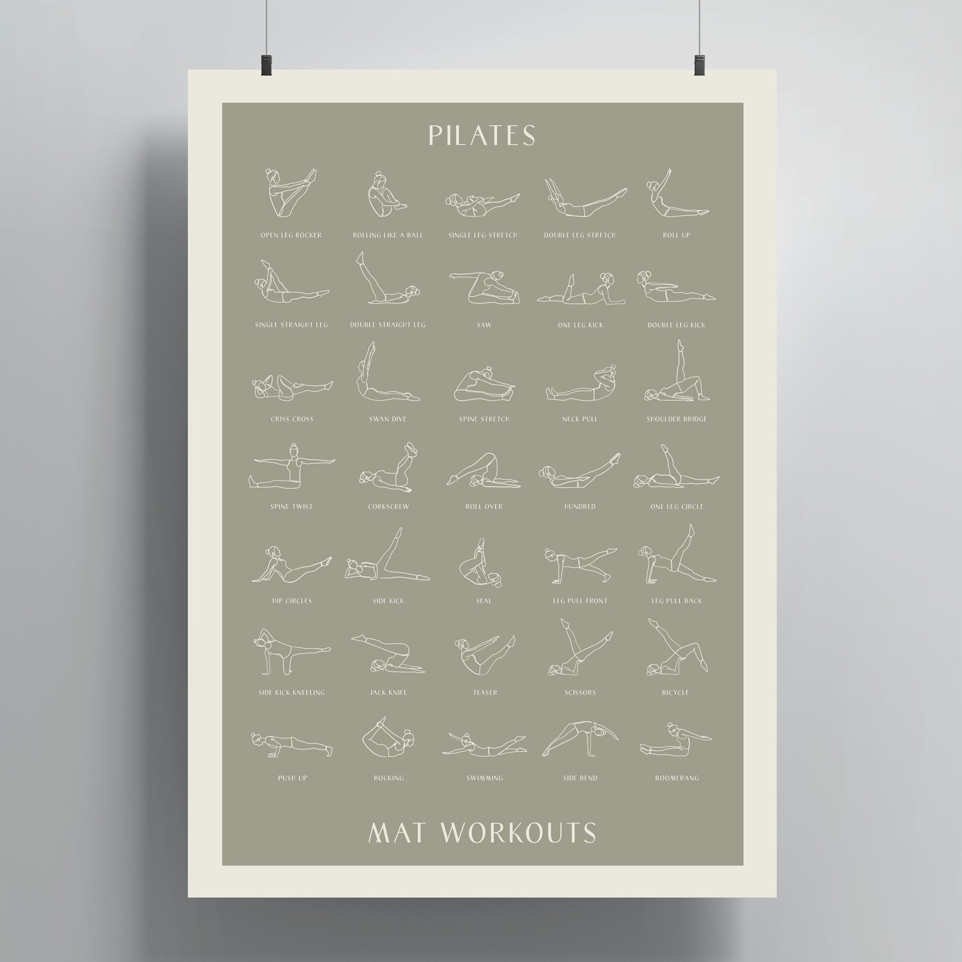 Pilates Mat Workout poster print sage olive green hanging from poster clips