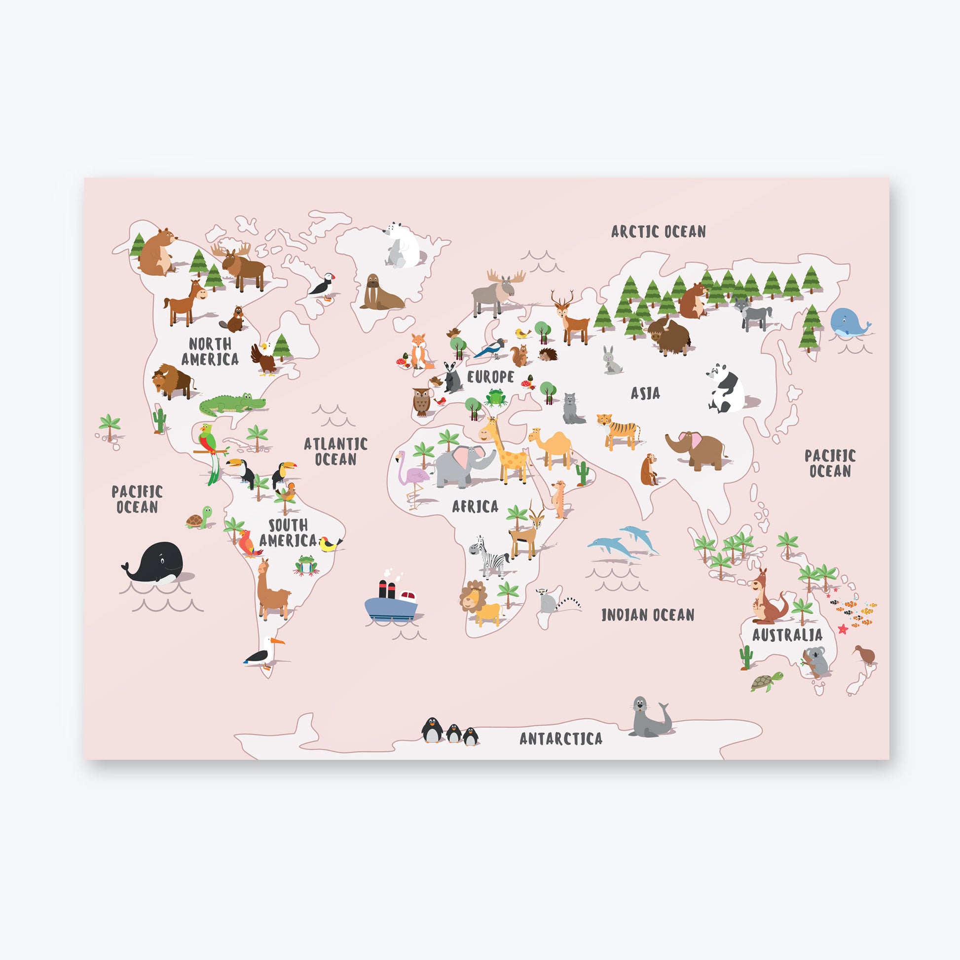 Pink Childrens Map of the World Poster Print