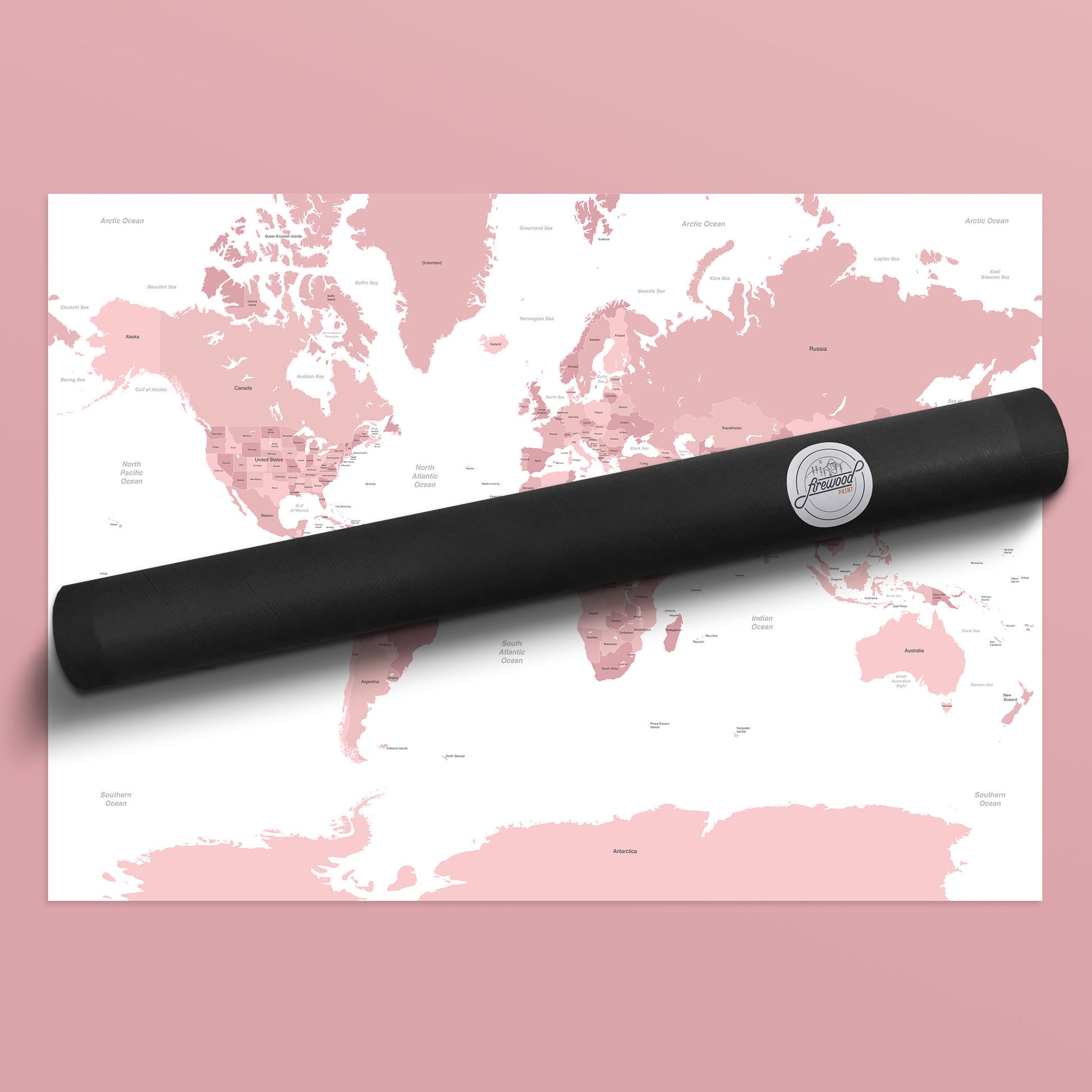 Pink map of the world print poster packaging postal tube