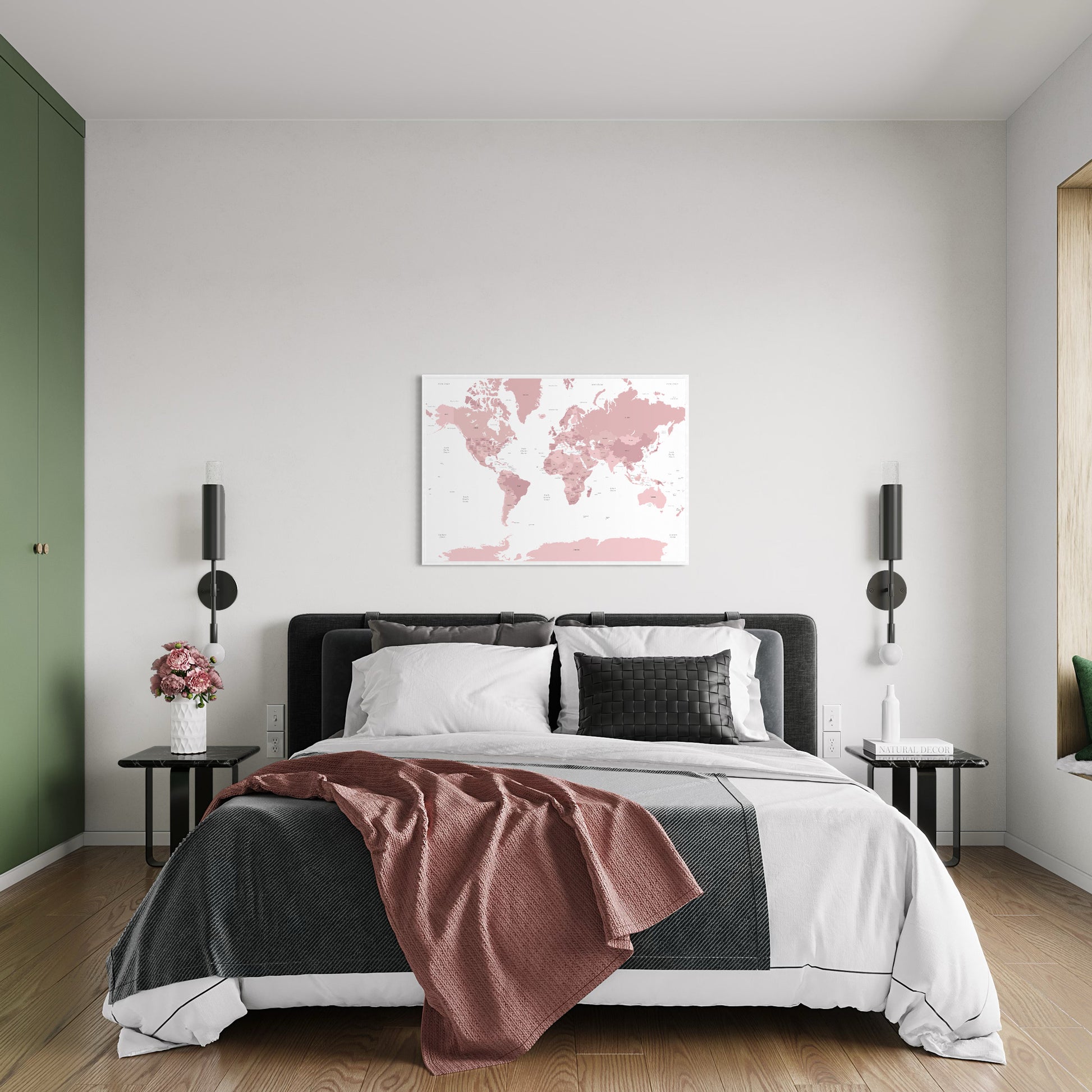 Pink map of the world print poster on wall in modern bedroom