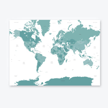 Teal Blue Green World Map Poster Print A1