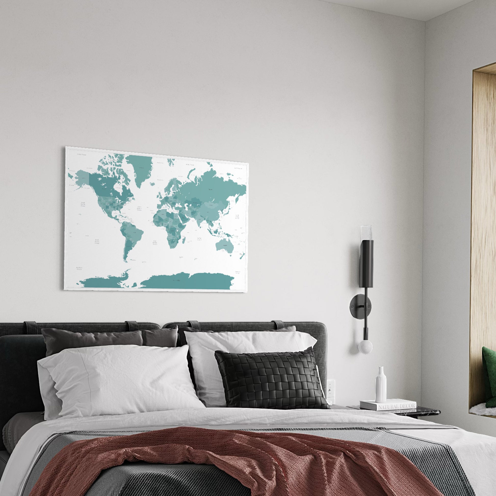 Teal Worl Map Above Bed in Modern Bedroom
