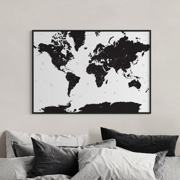 White Sea Black Countries Map of the World on Wall Above Bed